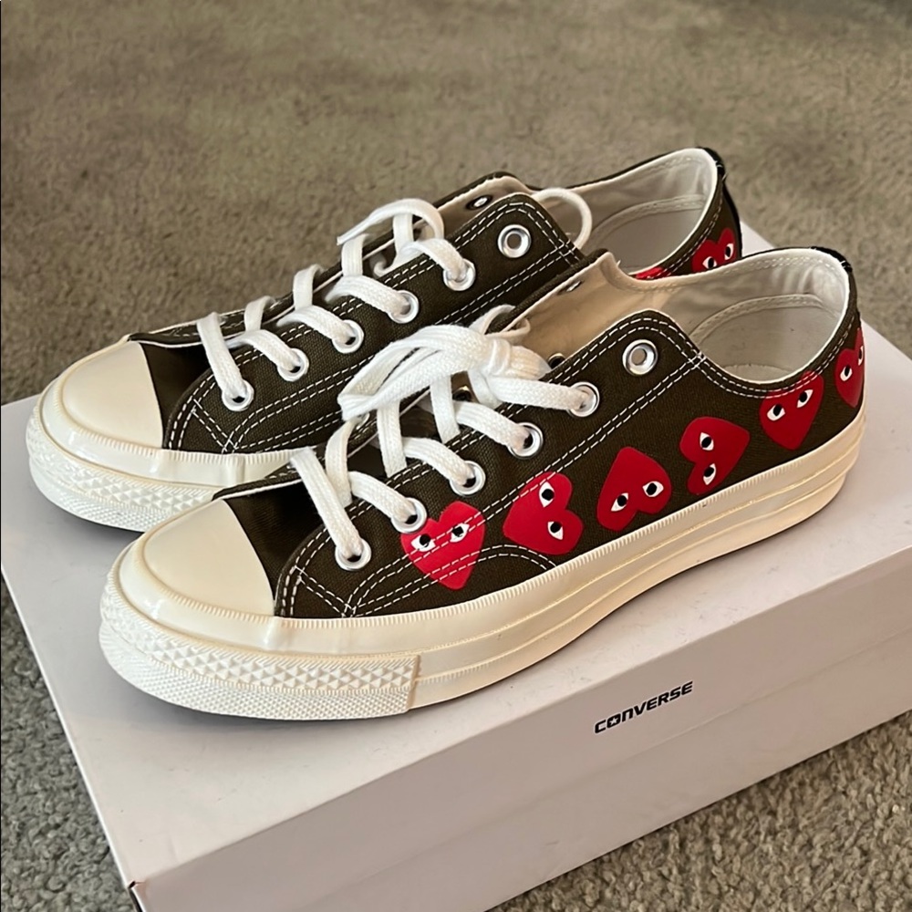 Comme des Garcons Converse Dark Olive and White Sneakers with Classic Design